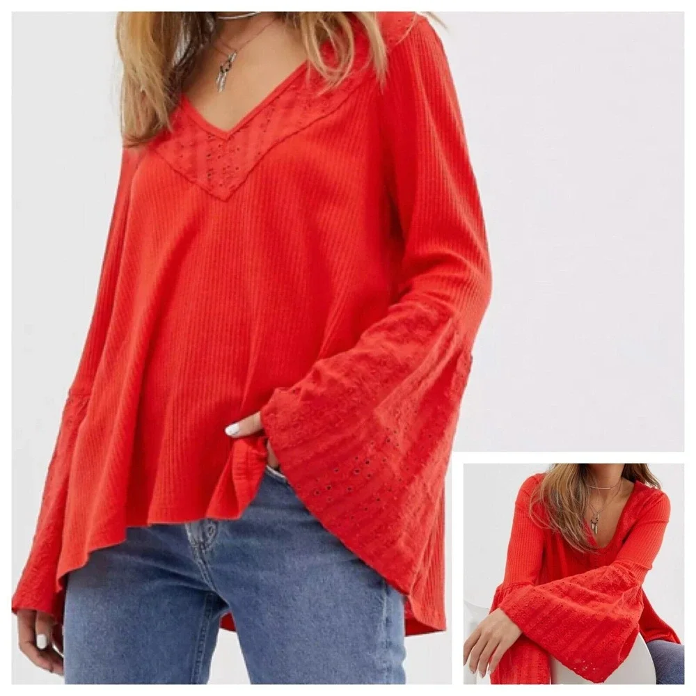 Free People Parisian Nights XS Boho Flared Sleeve Embroidered Ribbed Women's Top